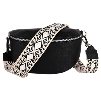 Abbildung von MIRROSI® Bauchtasche Damen, Echtleder, Made in Italy, Umhängetasche, Brusttasche, Crossbody Bag (1 Tasche &amp; 2 Gurte) (Schwarz (Rauten Schwarz Beige), Große (28x18x9cm))