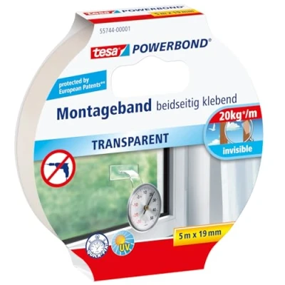 Abbildung von tesa Powerbond Montageband Transparent doppelseitiges Klebeband durchsichtiges Montage transparent, 5 m x 19 mm, 1 Rolle