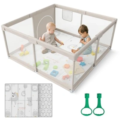 Abbildung von ZEEBABA Baby Playpen with Mat, 47x47inch Playpen, for Babies and Toddlers, Small Play Pens, Large Toddler, Yard Infants 47&quot; Playard Gate