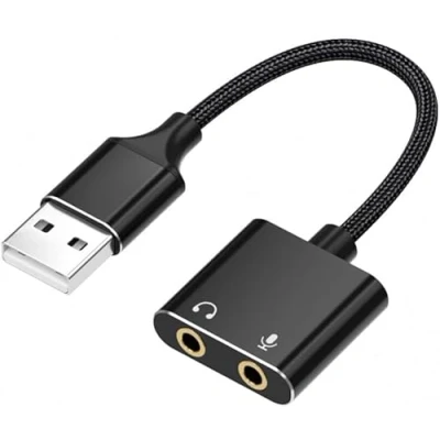 Abbildung von USB auf 3,5mm Klinke Adapter, Externe Soundkarte, Kopfhörer und Mikrofon Klinkenadapter, Headset Aux Adapter für Windows Mac Linux PC Laptops Desktops PS4 Headsets, schwarz