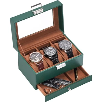 Abbildung von ProCase Uhrenbox mit 3 Fächern，Uhrenkasten Glasdeckel, Uhrenkoffer herausnehmbaren Uhrenkissen Uhrenschatulle, Vatertag Geschenk Grün