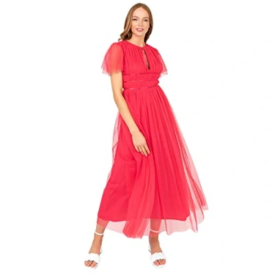 Abbildung von Anaya with Love Damen Ladies Midaxi Dress for Women High Waist Keyhole Short Flutter Sleeve Crew Neckline Wedding Guest Bridesmaids Prom Kleid, Paradise Pink,