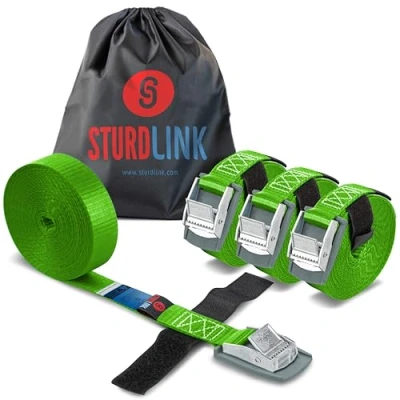 Abbildung von Zurrgurte 25mm 250kg x4 mit Nockenschnalle und Befestigung 4m + Tasche, zur an Fahrradtür, Kofferraum Dachträger für Auto, Anhänger, Umzug, Kajak DIN EN 12195 2