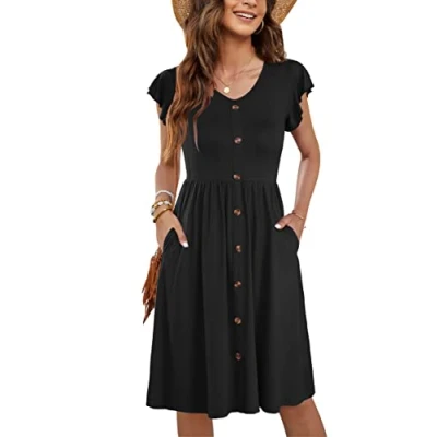 Abbildung von MOLERANI Damen Sommerkleid Rüschen Ärmel V Ausschnitt Casual Swing Elastische Taille Midi Kleid mit Taschen Plain Schwarz M