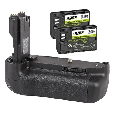Abbildung von ayex Batteriegriff Passend für Canon EOS 7D wie BG E7 + 2X LP E6N Akku mit Infochip Powerpack Hochformatauslöser Akkugriff