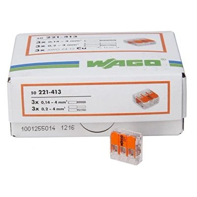 Abbildung von Kopp 33346427 Wago Steckklemme 3 fach mit Hebel für Flexible Drähte Wiederöffenbar 1, 5 2, mm² Inhalt 50 Stück, Transparent/Orange