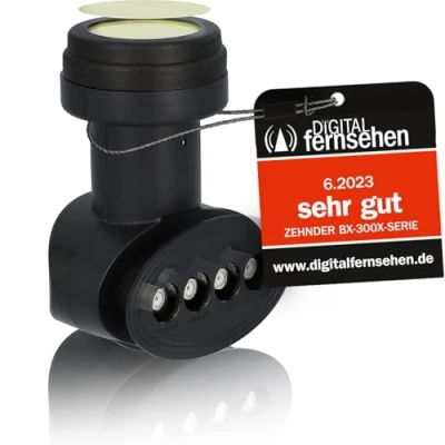 Abbildung von Zehnder Quattro LNB für Multischalter mit Sun Protect UV Schutz und Wetterschutzkappe zum herausziehen 40mm Feed 4K Ultra HD Satellite Digital 4G 5G LTE Abschirmung BX 3003