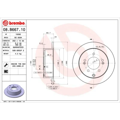 Abbildung von BREMBO COATED DISC LINE 08.B667.11 Bremsscheibe 262 10 5 voll beschichtet hochgekohlt mit Schrauben KIA: Soul I, Cerato Koup