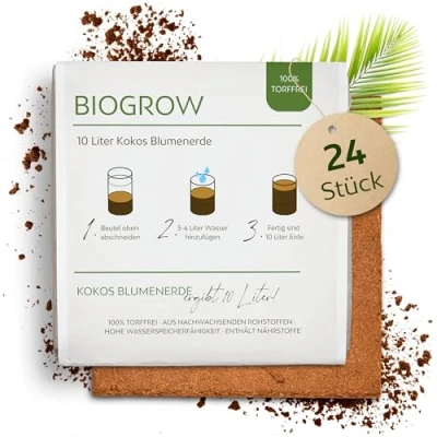 Abbildung von Bio Kokoserde gepresst im Quellbeutel Biologisch abbaubare, torffreie Anzuchterde aus 100% Kokosfasern (10 Liter, 24 Stück)