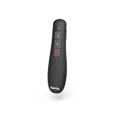Abbildung von Hama Wireless Presenter „X Pointer“ mit rotem Laserpointer (Fernbedienung Powerpoint Präsentation 12m Reichweite 2,4 GHz Lautstärkeregelung, 3 Tasten zur intuitiven Bedienung, inkl. Batterien)