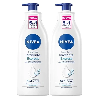 Abbildung von NIVEA Feuchtigkeitsspendende Körpercreme Express 48h mit schneller Absorption intensiver Feuchtigkeitsserum und Meeresmineralien für normale oder trockene Haut 2 Flaschen à 500 ml
