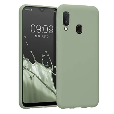 Abbildung von kwmobile Hülle kompatibel mit Samsung Galaxy A20e weiches TPU Silikon Case Cover geeignet für kabelloses Laden Graugrün