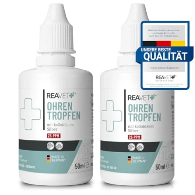 Abbildung von ReaVET Ohrentropfen mit kolloidalem Silber 2 x 50ml I Für Hunde und Katzen SEHR GUT bei Ohrentzündungen, Juckreiz, Keime, Pilze Bakterien, Ohrenpflege, Ohrenhygiene, Gesunde Ohren