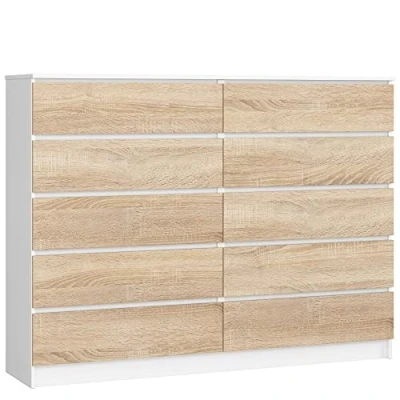 Abbildung von AKORD Kommode K 160 mit 10 (2 x 5) Schubladen für das Wohnzimmer Schlafzimmer Schrank Büro Arbeitszimmer Modernes Funktionales Design B160 H121 T40 cm, Gewicht 80kg Weiß/Sonoma Eiche