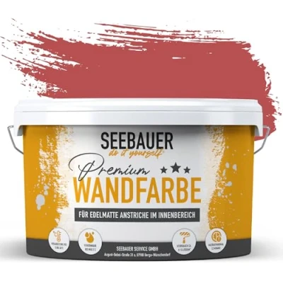 Abbildung von SEEBAUER diy Wandfarbe Rot 5L für Innen (No. 338 Red Wine) Edelmatte weinrote Innenfarbe Rottöne sehr hohe Deckkraft Matt, Abwaschbar und Tropffrei