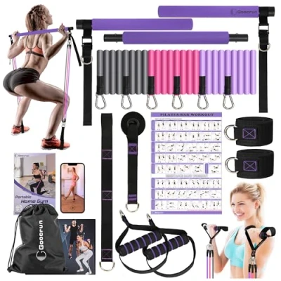 Abbildung von Multifunktionales Pilates Bar Kit Home Gym Widerstandsbänder Set mit Griffen und Türanker Verlängerungsgurten Fitness Poster Video