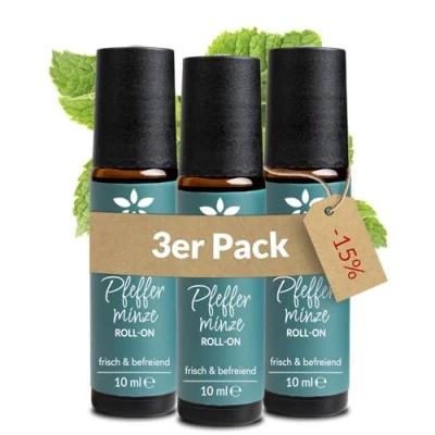 Abbildung von Heldengrün® BIO Roll On Pfefferminze &quot;Kopfklar&quot; [100% NATURREIN] Bei Kopfschmerzen Dermatologisch getestet Pfefferminzöl mit Jojoba &amp; Mandelöl 3 x 10 ml