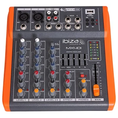 Abbildung von Ibiza MX401 Kompletter semiprofessioneller 4 Kanal Mixer (5 Band EQ) mit Mikrofon und Line Eingängen sowie REC , RCA Kopfhörer AUX Ausgängen USB Schwarz orange