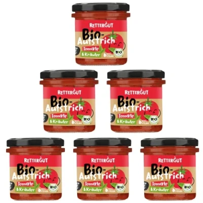 Abbildung von RETTERGUT 6 er Set Retterbox Bio brotaufstrich Tomate mit Kräutern (6x135g) I Aufstriche im Glas aus gerettetem Gemüse natürliche Zutaten vegan Qualität