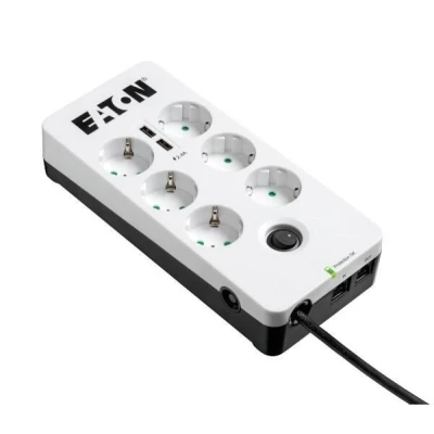 Abbildung von Eaton Steckdosenleiste 6fach mit RJ 11 Telefonstecker und USB Anschlüsse 1.5m weiß
