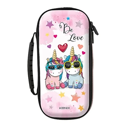 Abbildung von Konix Unik Schutzhülle und Transporttasche für Nintendo Switch, Switch Lite OLED 8 Spiel Aufbewahrung Motiv &#039;Be Love&#039;, Einhörner.