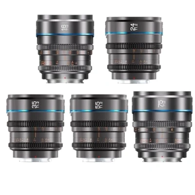 Abbildung von SIRUI Night Walker T1.2 S35 Cine Objektiv Set, 16 mm, 24 35 55 75 mm große Blende, manueller Fokus, E Mount, MS 5SEG, Metallgrau
