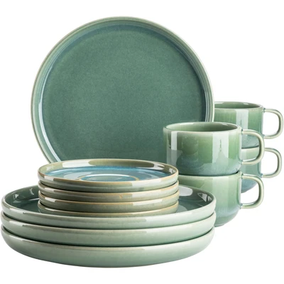 Abbildung von MÄSER Serie Elina Uno, Modernes Kaffeegeschirr Set mit unregelmäßiger Effektglasur für 4 Personen, Dessertteller, Kaffeetassen und Untertassen, 12 teiliges Kaffeeservice, Steinzeug, Beach