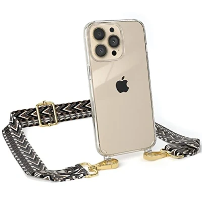 Abbildung von EAZY CASE Handykette Verstellbarer Gurt kompatibel mit iPhone 13 Pro, Schulterriemen, Flache Kordel, Handykordel Hülle, Hülle Kette, Grau/Schwarz Metall Gold