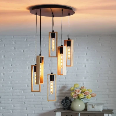 Abbildung von EGLO Pendellampe Littleton, 6 flammige Vintage Pendelleuchte im Industrial Design, Retro Hängelampe aus Stahl und Holz, Farbe Schwarz, braun, Fassung E27, FSC zertifiziert