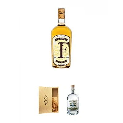 Abbildung von Ferdinands Saar Quince Quitten Gin (30%) 0,5 Liter + 1a Whisky Holzbox für 2 Flaschen mit Schiebedeckel The Duke München Dry BIO 0,7