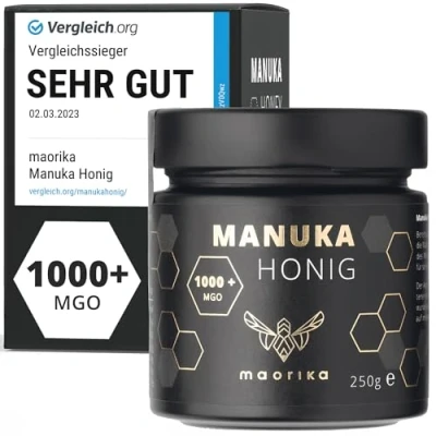 Abbildung von Manuka Honig 1000 MGO + 250g im Glas (lichtundurchlässig, kein Plastik) laborgeprüft, zertifiziert aus Neuseeland maorika