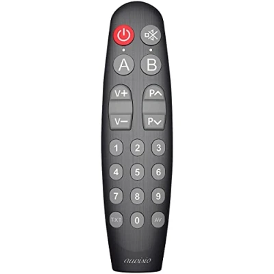 Abbildung von auvisio Senioren Fernbedienung: 5in1 Großtasten Fernbedienung, lernfähig, ergonomisch, Ready to use (TV Fernbedienung Senioren, für Fernseher, Lernfähige)