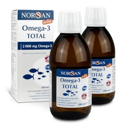 Abbildung von NORSAN Premium Omega 3 Fischöl Total Naturell hochdosiert 2er Pack (2x 200 ml) / 2.000mg pro Portion/Omega Öl 1120mg EPA &amp; 536mg DHA/Omega mit 800 IE Vitamin D3