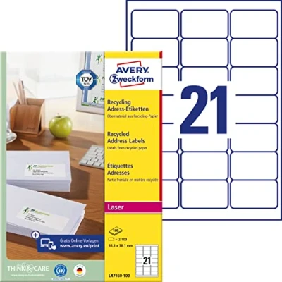 Abbildung von AVERY Zweckform LR7160 100 Recycling Etiketten (2.100 Adressaufkleber, 63,5x38,1mm auf A4, 100% recyceltes Altpapier, bedruckbar, selbstklebend, für DIN B6/C6 Briefkuverts) Blatt, naturweiß