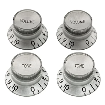 Abbildung von Musiclily Pro Metrische Größe 18 Splines 2 Volume Tone Bell Potiknopfe Top Hat Reflector Knobs Set für Epiphone Les Paul SG Style E Gitarre, Silber mit (4er Set)