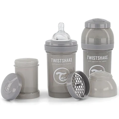 Abbildung von Twistshake 2x Anti Kolik Flaschen mit Milchpulverbehälter und Mixer 180ml Langsamflusssauger aus Silikon BPA freie Babyflasche 0+ Monate Grau