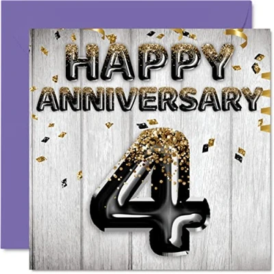Abbildung von Tolle Leinen Jahrestagskarte für Ehemann Freund Ehefrau Freundin schwarz goldene Glitzer Luftballons Happy 4th Anniversary Cards from Family 145 mm x Grußkarten vierte Jubiläen