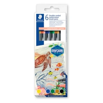 Abbildung von STAEDTLER Doppelfasermaler wasservermalbar, für Aquarell Effekte, zwei Linienbreiten, feine Spitze und breite Pinselspitze, Kartonetui mit 6 brillanten Farben, 3001 C6 2