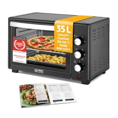 Abbildung von TZS FIRST AUSTRIA Minibackofen 35L Mini Backofen, 1600 W, mit Innenbeleuchtung und Umluft, Pizzaofen, Pizza Ofen, Doppelglastür, Timer, herausnehmbares Krümelblech