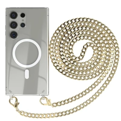 Abbildung von EAZY CASE Handykette kompatibel mit Samsung Galaxy S24 Ultra Kette zum Umhängen Stoßfest Handyhülle für Silikon Hülle Band aus Metall Handytasche Transparent Fallschutz in Gold