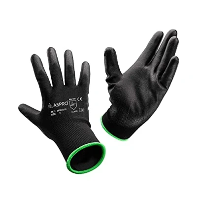 Abbildung von ASPRO Arbeitshandschuhe 30 Paar Größe 8 (M) Gartenhandschuhe Schwarze Nylon Handschuhe mit PU Beschichtung für Bauarbeiter, Gärtner, Mechaniker, Lagerarbeiter etc.
