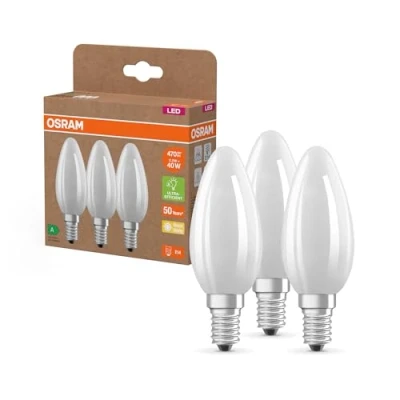 Abbildung von OSRAM Hocheffiziente LED Lampen mit Energieeffizienz Klasse A, Vorteilspack 3 Leuchtmittel, ersetzt herkömmliche 40W Glühbirnen, Kerzenform, warmweiß(2700K), E14, mattes Glas