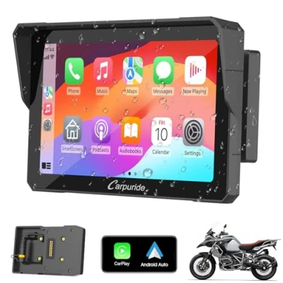 Abbildung von Carpuride W702B Motorrad GPS CarPlay Bildschirm mit Design Halterung für BMW Motorräder, Kabelloses und Android Auto, Tragbarer Wasserdichter 7&quot; Touchscreen, Dual Bluetooth, Navigation, Siri.
