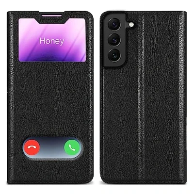 Abbildung von Cadorabo Hülle kompatibel mit Samsung Galaxy S22 Plus in KOMETEN SCHWARZ Schutzhülle Magnetverschluss, Standfunktion und 2 Sichtfenstern