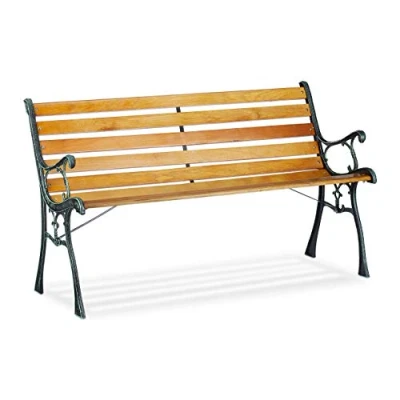 Abbildung von Relaxdays Gartenbank, 2 Sitzer, Holzstreben, Gusseisen, Outdoor, Balkon &amp; Terrasse, Bank HBT 73,5 x 126 52,5 cm, natur