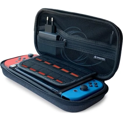 Abbildung von Oniverse Schutzhülle für Nintendo Switch, Switch OLED, Lite, stoßfest, mit Griff, Innenseite aus Samt, Kratzfest, Zubehörfach, Transporttasche, grau,