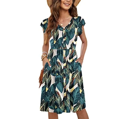 Abbildung von MOLERANI Frauen Sommer Kleider Rüschen Ärmel V Ausschnitt Casual Swing Elastische Taille Midi Kleid mit Taschen Deep Leaf Print S