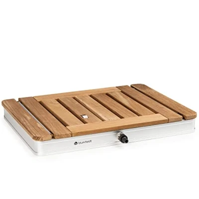 Abbildung von blumfeldt Mobile Gartendusche, Aussendusche für den Garten, Bodendusche mit 4m Wasserstrahlhöhe, Boden Gartendusche Holz Optik Pool &amp; Sauna, Außendusche Wasserdicht, Frost UV Beständig
