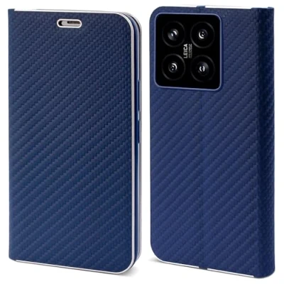 Abbildung von Moozy Hülle für xiaomi 14, Dunkelblau Carbon Metallischer Kantenschutz Klapphülle Handyhülle Schutzhülle 14 mit Kartenfach und Standfunktion