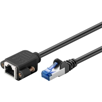 Abbildung von goobay 65642 CAT6A Verlängerungskabel (CU) S/FTP (PiMF)/CAT 6A Verlängerung für Ethernet Netzwerkkabel/RJ45 auf RJ45 Buchse mit Montageflansch/500 MHz/1m, schwarz